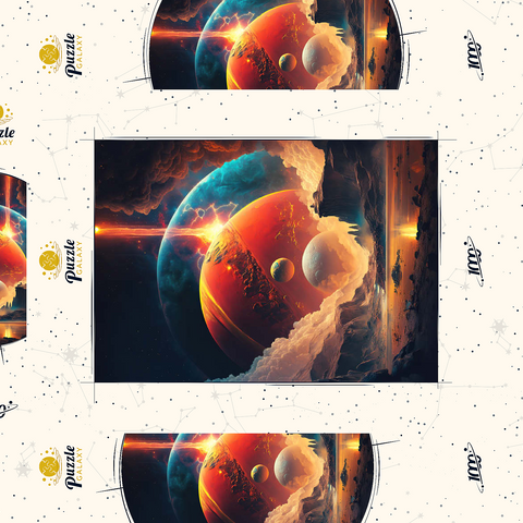 Darstellung des Puzzle Motivs Kosmische Kollision über fremde Landschaften Cosmic Collision Over Alien Landscape 1000 Puzzle Schachtel 3D Modell