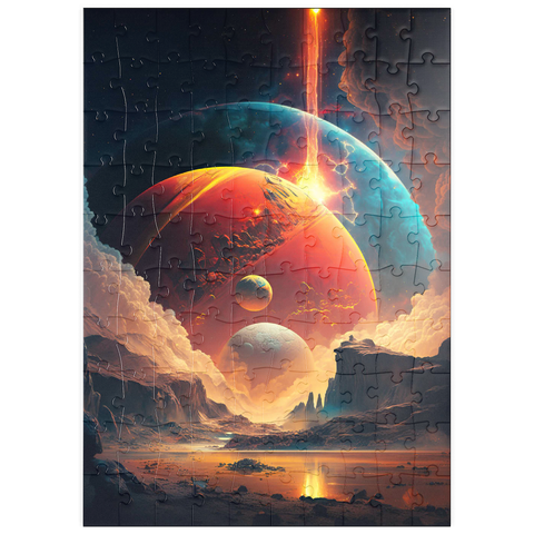 Darstellung des Puzzle Motivs Kosmische Kollision über fremde Landschaften puzzleplate Cosmic Collision Over Alien Landscape 100 Puzzle