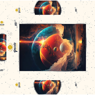 Darstellung des Puzzle Motivs Cosmic Collision Over Alien Landscape 100 Puzzle Schachtel 3D Modell