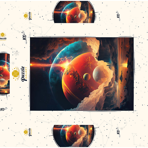 Darstellung des Puzzle Motivs Kosmische Kollision über fremde Landschaften Cosmic Collision Over Alien Landscape 100 Puzzle Schachtel 3D Modell