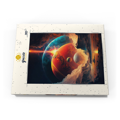 Darstellung des Puzzle Motivs Kosmische Kollision über fremde Landschaften Cosmic Collision Over Alien Landscape 200 Puzzle Schachtel Ansicht3