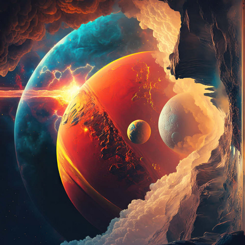 Darstellung des Puzzle Motivs Kosmische Kollision über fremde Landschaften Cosmic Collision Over Alien Landscape 200 Puzzle 3D Modell