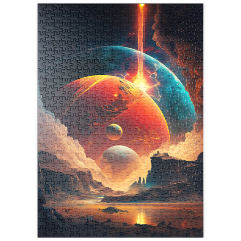 Darstellung des Puzzle Motivs Kosmische Kollision über fremde Landschaften puzzleplate Cosmic Collision Over Alien Landscape 500 Puzzle