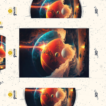 Darstellung des Puzzle Motivs Cosmic Collision Over Alien Landscape 500 Puzzle Schachtel 3D Modell