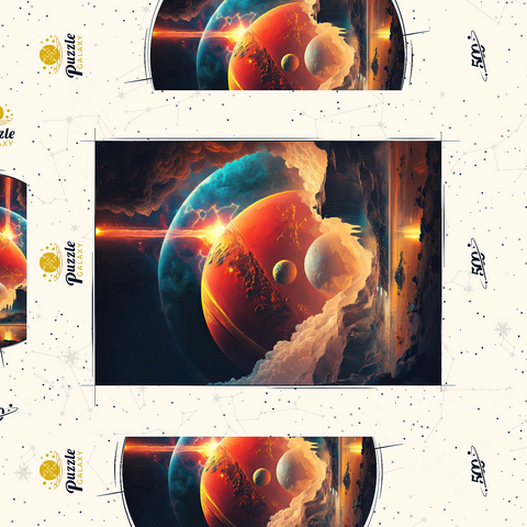Darstellung des Puzzle Motivs Kosmische Kollision über fremde Landschaften Cosmic Collision Over Alien Landscape 500 Puzzle Schachtel 3D Modell