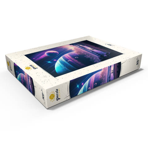 Darstellung des Puzzle Motivs Futuristische kosmische Strandszene Futuristic Cosmic Beach Scene 500 Puzzle Schachtel Ansicht1