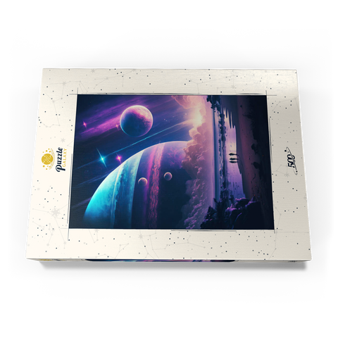 Darstellung des Puzzle Motivs Futuristische kosmische Strandszene Futuristic Cosmic Beach Scene 500 Puzzle Schachtel Ansicht3