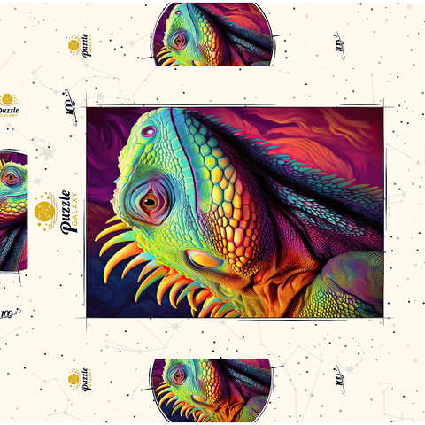 Darstellung des Puzzle Motivs Lebendiges Leguan-Porträt - farbenfrohe digitale Kunst Vibrant Iguana Portrait – Colorful Digital Art 100 Puzzle Schachtel 3D Modell