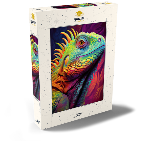 Darstellung des Puzzle Motivs Lebendiges Leguan-Porträt - farbenfrohe digitale Kunst Vibrant Iguana Portrait – Colorful Digital Art 500 Puzzle Schachtel Ansicht2