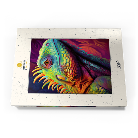 Darstellung des Puzzle Motivs Lebendiges Leguan-Porträt - farbenfrohe digitale Kunst Vibrant Iguana Portrait – Colorful Digital Art 500 Puzzle Schachtel Ansicht3