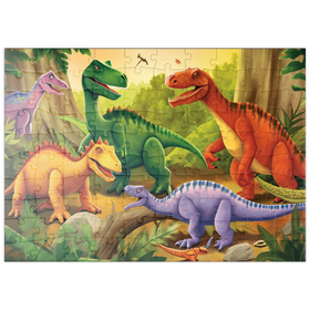 Darstellung des Puzzle Motivs Bunte Dinosaurier-Szene - lebendige prähistorische Illustration - Puzzleteile: 100