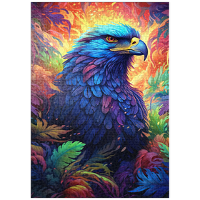 Darstellung des Puzzle-Motivs Majestätischer Blauadler in einem lebhaften Fantasiedschungel – Puzzleteile: 1000