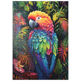 Darstellung des Puzzle-Motivs Farbenfroher Scharlach-Ara im tropischen Dschungel – Puzzleteile: 500