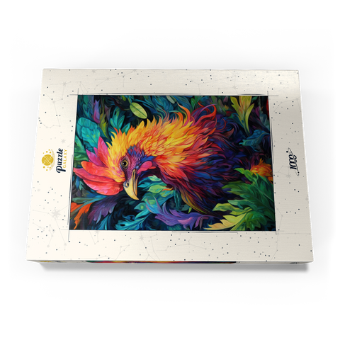 Darstellung des Puzzle Motivs Farbenfroher Hahn mit tropischem Laub Vibrant Rooster with Tropical Foliage 1000 Puzzle Schachtel Ansicht3