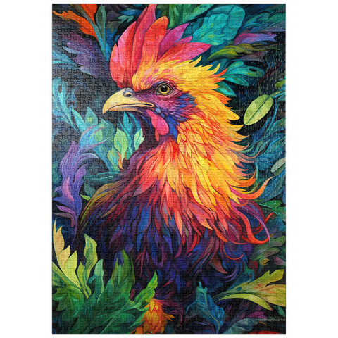 Darstellung des Puzzle Motivs Farbenfroher Hahn mit tropischem Laub puzzleplate Vibrant Rooster with Tropical Foliage 1000 Puzzle