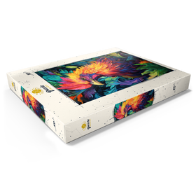 Darstellung des Puzzle Motivs Farbenfroher Hahn mit tropischem Laub - Puzzleteile: 100