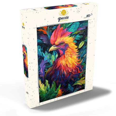 Darstellung des Puzzle Motivs Farbenfroher Hahn mit tropischem Laub Vibrant Rooster with Tropical Foliage 100 Puzzle Schachtel Ansicht2