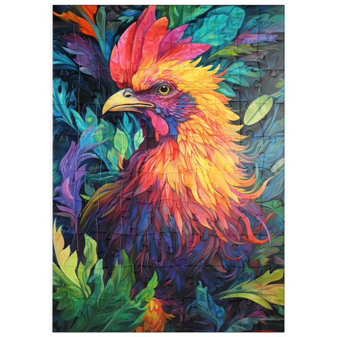 Darstellung des Puzzle Motivs Farbenfroher Hahn mit tropischem Laub puzzleplate Vibrant Rooster with Tropical Foliage 100 Puzzle