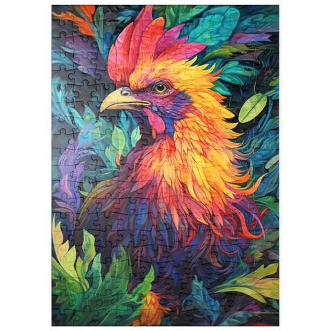 Darstellung des Puzzle Motivs Farbenfroher Hahn mit tropischem Laub puzzleplate Vibrant Rooster with Tropical Foliage 200 Puzzle