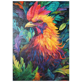 Darstellung des Puzzle Motivs Farbenfroher Hahn mit tropischem Laub - Puzzleteile: 200