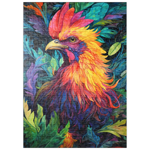 Darstellung des Puzzle Motivs Farbenfroher Hahn mit tropischem Laub puzzleplate Vibrant Rooster with Tropical Foliage 500 Puzzle