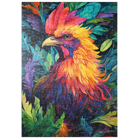Darstellung des Puzzle Motivs Farbenfroher Hahn mit tropischem Laub - Puzzleteile: 500