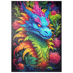 Darstellung des Puzzle Motivs Farbenfroher Fantasy-Drache mit üppigem Blattwerk - Puzzleteile: 500