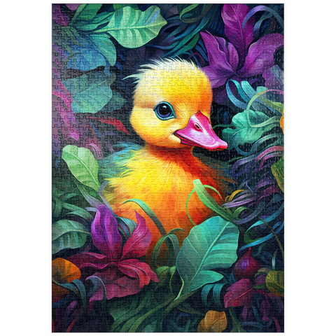 Darstellung des Puzzle Motivs Bezauberndes gelbes Entenküken in leuchtendem Laub puzzleplate Adorable Yellow Duckling in Vibrant Foliage 1000 Puzzle
