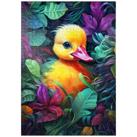 Darstellung des Puzzle Motivs Bezauberndes gelbes Entenküken in leuchtendem Laub - Puzzleteile: 1000