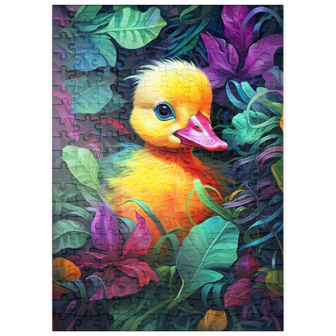 Darstellung des Puzzle Motivs Bezauberndes gelbes Entenküken in leuchtendem Laub puzzleplate Adorable Yellow Duckling in Vibrant Foliage 200 Puzzle