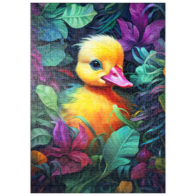 Darstellung des Puzzle Motivs Bezauberndes gelbes Entenküken in leuchtendem Laub - Puzzleteile: 500