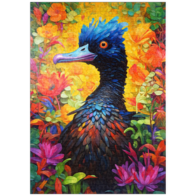 Darstellung des Puzzle Motivs Exotischer blauer Vogel inmitten einer lebhaften Blumenfantasie - Puzzleteile: 1000