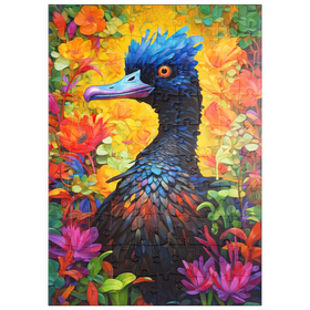 Darstellung des Puzzle Motivs Exotischer blauer Vogel inmitten einer lebhaften Blumenfantasie - Puzzleteile: 100