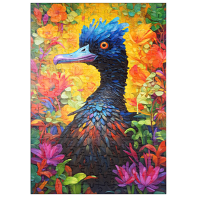 Darstellung des Puzzle Motivs Exotischer blauer Vogel inmitten einer lebhaften Blumenfantasie - Puzzleteile: 200