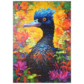 Darstellung des Puzzle-Motivs Exotischer blauer Vogel inmitten einer lebhaften Blumenfantasie – Puzzleteile: 500