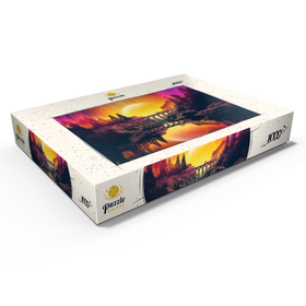 Darstellung des Puzzle Motivs Surreale Brücke über den Fluss mit riesigem goldenen Mond - Puzzleteile: 1000