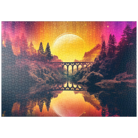 Darstellung des Puzzle-Motivs Surreale Brücke über den Fluss mit riesigem goldenen Mond – Puzzleteile: 1000