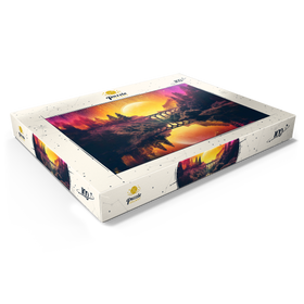 Darstellung des Puzzle Motivs Surreale Brücke über den Fluss mit riesigem goldenen Mond - Puzzleteile: 100