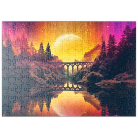 Darstellung des Puzzle Motivs Surreale Brücke über den Fluss mit riesigem goldenen Mond - Puzzleteile: 200
