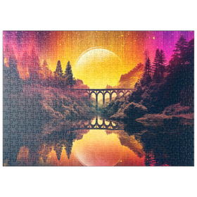Darstellung des Puzzle Motivs Surreale Brücke über den Fluss mit riesigem goldenen Mond - Puzzleteile: 500