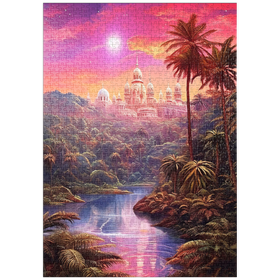 Darstellung des Puzzle-Motivs Majestätischer Palast im üppigen Dschungel unter einem mystischen Mond – Puzzleteile: 1000