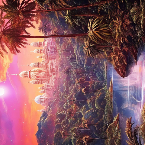Darstellung des Puzzle Motivs Majestätischer Palast im üppigen Dschungel unter einem mystischen Mond Majestic Palace in Lush Jungle Under a Mystic Moon 1000 Puzzle 3D Modell