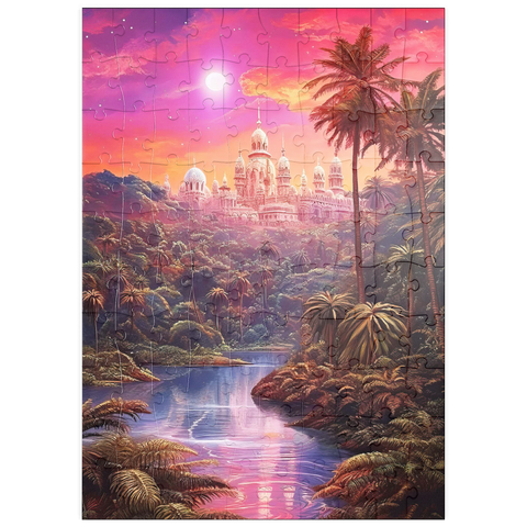 Darstellung des Puzzle Motivs Majestätischer Palast im üppigen Dschungel unter einem mystischen Mond puzzleplate Majestic Palace in Lush Jungle Under a Mystic Moon 100 Puzzle