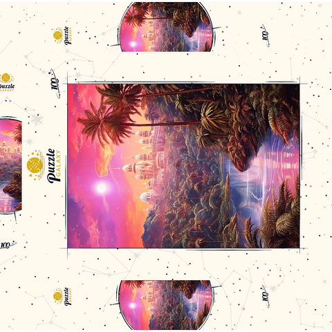 Darstellung des Puzzle Motivs Majestätischer Palast im üppigen Dschungel unter einem mystischen Mond Majestic Palace in Lush Jungle Under a Mystic Moon 100 Puzzle Schachtel 3D Modell