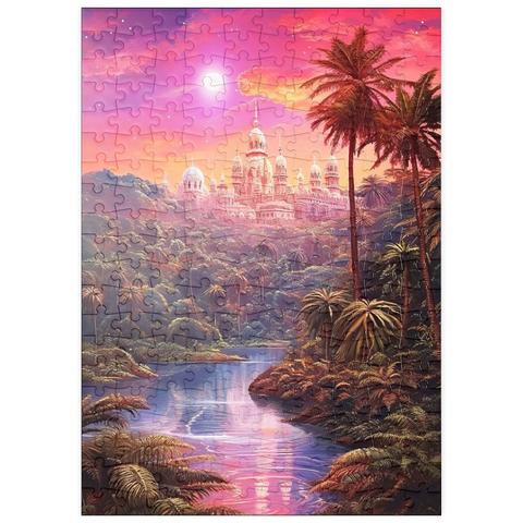 Darstellung des Puzzle Motivs Majestätischer Palast im üppigen Dschungel unter einem mystischen Mond puzzleplate Majestic Palace in Lush Jungle Under a Mystic Moon 200 Puzzle
