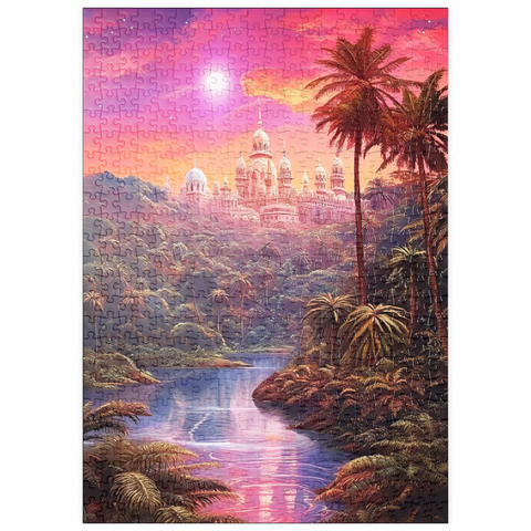 Darstellung des Puzzle Motivs Majestätischer Palast im üppigen Dschungel unter einem mystischen Mond puzzleplate Majestic Palace in Lush Jungle Under a Mystic Moon 500 Puzzle