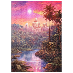 Darstellung des Puzzle Motivs Majestätischer Palast im üppigen Dschungel unter einem mystischen Mond - Puzzleteile: 500