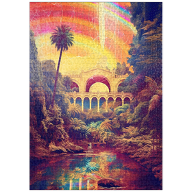 Darstellung des Puzzle Motivs Verzauberte Dschungelbrücke mit strahlendem Regenbogenhimmel - Puzzleteile: 1000