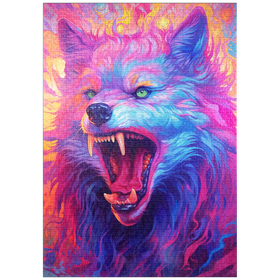 Darstellung des Puzzle-Motivs Wilder mehrfarbiger Wolf mit feurigem Gesichtsausdruck – Puzzleteile: 1000