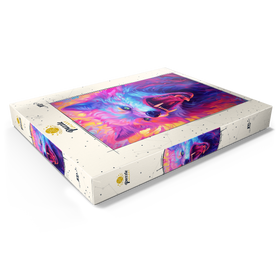 Darstellung des Puzzle Motivs Wilder mehrfarbiger Wolf mit feurigem Gesichtsausdruck - Puzzleteile: 100